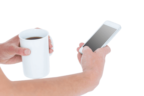 transparent smartphone use with coffee mug in hand - Download Free Stock Videos Pikwizard.com