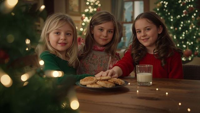 Siblings Enjoying Holiday Cookies by Christmas Tree