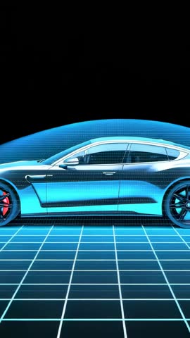 Neon Grid Activation Revealing Futuristic Sports Sedan Holographic Wireframe Vertical Video