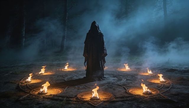 Hooded figure standing in burning ritual circle at night, foggy forest, nine fire bowls