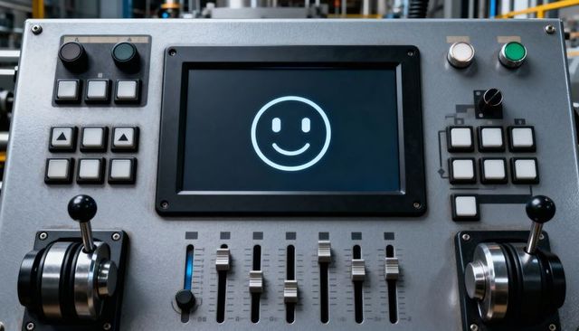 Industrial control console showing smiley touchscreen with levers, faders, buttons for hmi