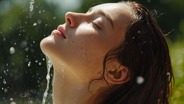 Sunlit water stream cooling young woman's face while tilting head back in summer garden