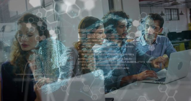 This image shows a tech team collaborating in an office environment, with holographic elements of fingerprint and coding projected in the foreground. It is perfect for use in articles or presentations about cybersecurity, digital security teamwork, or software development. Ideal for websites or marketing materials that promote tech or IT services, online security solutions, and innovative office teamwork.
