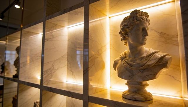 Illuminated marble bust in luxury backlit display cubicle, classical statue on pedestal