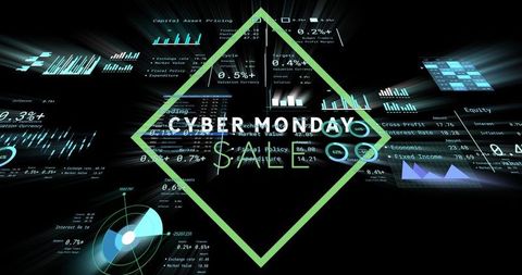 Glowing Lime-Green Diamond Frame Displaying CYBER MONDAY SALE Over Futuristic Holographic Data HUD