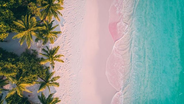 Aerial tropical pink sand beach with turquoise surf and palm tree shadows at sunrise