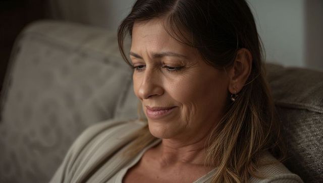 Thoughtful calm middle-aged woman gazing downward on sofa wearing cardigan and hoop earring
