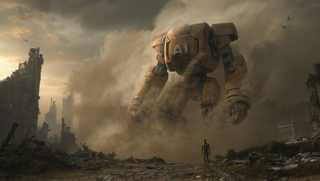 Rusted A1 Titan Stomping Through Ruined City, Lone Survivor Walking Through Dust Cloud