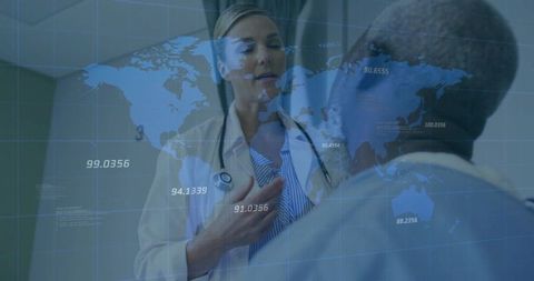 Doctor analyzing data with digital health technology interface