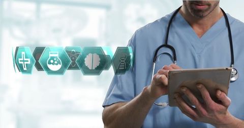 Healthcare Professional Using Tablet with Floating Medical Icons