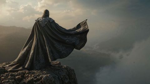 Cloaked assassin figure standing on cliff overlooking foggy valley