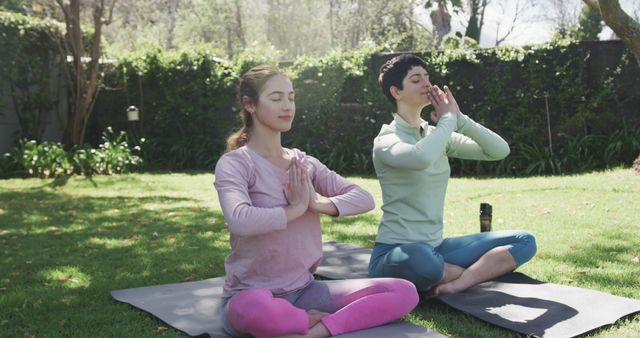 Two Women Practicing Yoga Outdoors in Sunlit Garden - Download Free Stock Images Pikwizard.com