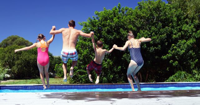 Family Jumping into Pool on a Sunny Day - Download Free Stock Images Pikwizard.com