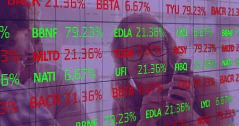 Finance team analyzing stock ticker and collaborating behind glass trading dashboard