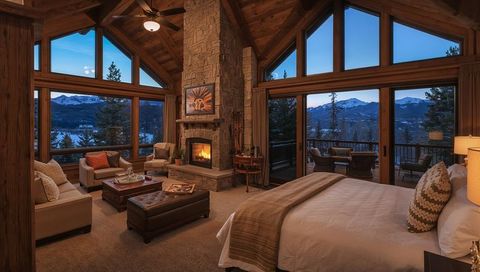 Alpine cabin bedroom offering roaring stone fireplace, king bed and panoramic mountain view at dusk