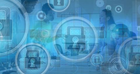 Diverse Professionals Engaging in Cybersecurity Discussion with Tech Icons Overlay