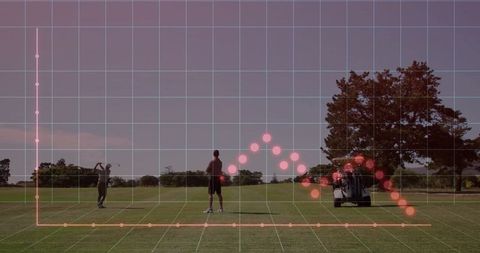 Golfer swinging on fairway with data analytics overlay