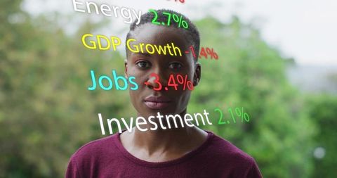 Woman on balcony showing financial metrics overlay: GDP jobs investment trends