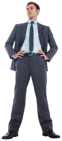 Confident Businessman Staring Ahead with Hands on Hips Transparent
