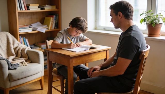 Young boy concentrating on homework at wooden desk with father guiding in sunlit room