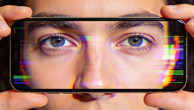 Closeup male eyes through smartphone screen showing chromatic glitch and color distortion