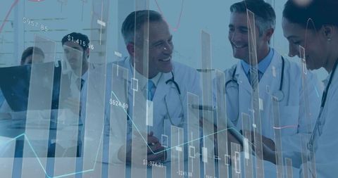 Healthcare Professionals Collaborating with Data Overlay in Modern Clinic