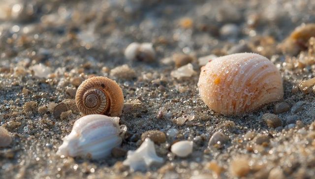Glistening close-up wet sea shells on sandy shoreline with water droplets macro texture