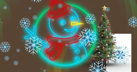 Digital Snowman and Christmas Tree With Floating Snowflakes Contrast