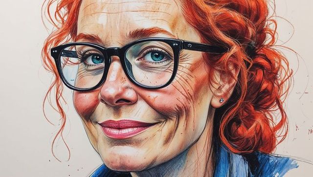 Smiling Red-Haired Woman with Black Glasses and Stud Earrings