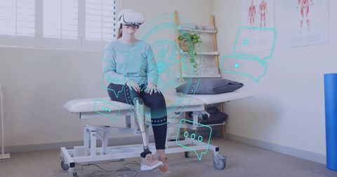 Woman with Prosthetic Leg Using VR for Rehab Therapy in Clinic