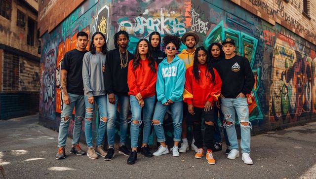 Urban Streetwear Group Expression in Graffiti-Covered Alley