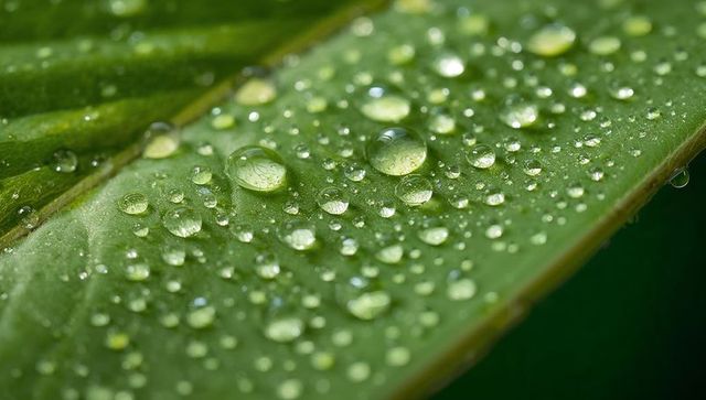 Macro water droplets on green leaf with visible veins and natural texture