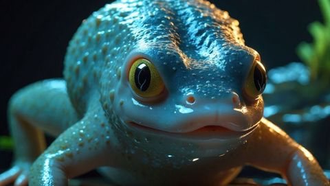 Vibrant blue-green frog with reflective eyes on dark background