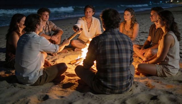 Sitting circle of friends by beach bonfire at night sharing stories, laughter, warm glow