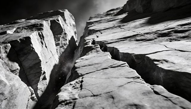 Monochrome vertical canyon crevice with dramatic fractured rock textures and falling dust