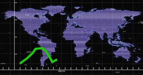 Futuristic Digital World Map Displaying Neon Green Market Trend Arrow on Grid Dashboard