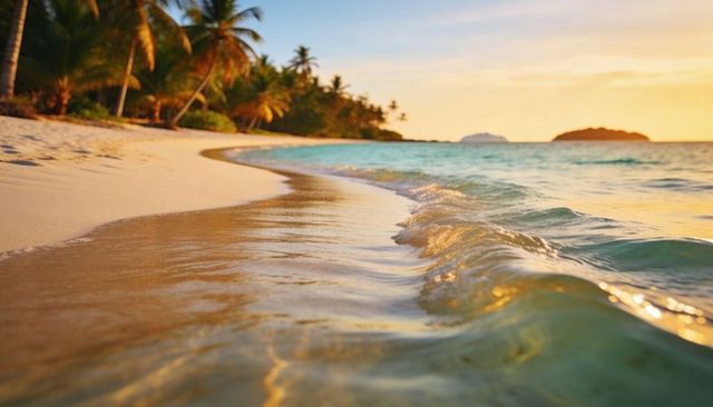 Rolling turquoise waves glowing on sunlit sand at tropical palm beach during golden sunset