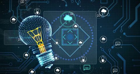 Futuristic Digital Interface with Lightbulb and Technology Icons - Download Free Stock Images Pikwizard.com
