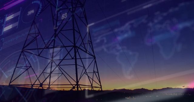 Electric tower against dusk sky with futuristic data overlay