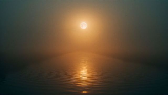 Misty sunrise over calm waters with soft reflections