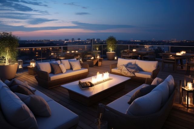 This rooftop lounge showcases a stylish fire pit and comfortable seating, perfect for evening relaxation. The city skyline and twinkling lights enhance the luxurious atmosphere, ideal for social gatherings, romantic dates, or promotional material for luxury apartments and hotels.