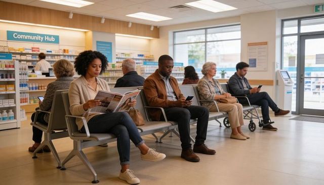 Community pharmacy waiting area with customers using smartphones and reading magazines