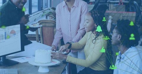 Team Cutting Cake at Office Celebrating Project Milestone with Charts and Social Overlay