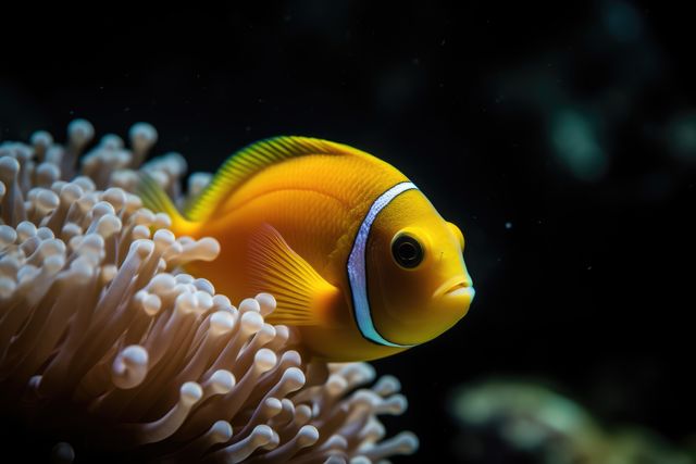 Clownfish swimming close to a sea anemone, highlighting vibrant colors under water. Great for use in marine life articles, aquarium materials, and educational publications about ocean ecosystems.