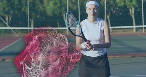 Female Tennis Player Standing at Baseline with Futuristic Pink Motion Wave Overlay