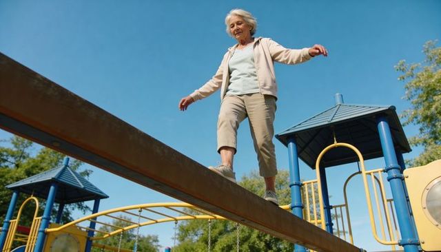 Active senior woman balancing on playground beam promoting balance, mobility and healthy aging