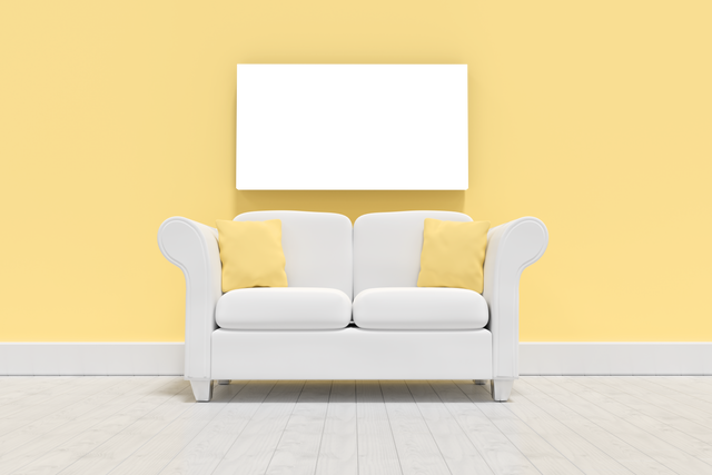 Empty White Couch and Blank TV Frame Against Transparent Yellow Wall - Download Free Stock Videos Pikwizard.com