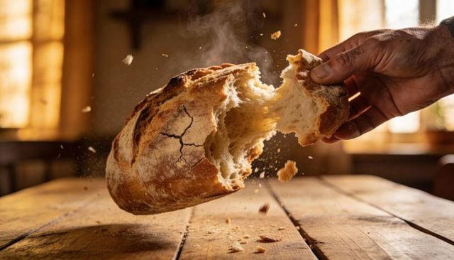 Hand tearing crusty sourdough loaf over rustic wooden table with steam and crumbs