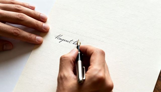 Writing elegant cursive calligraphy with fountain pen on cream paper