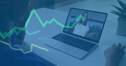 Remote team meeting with analytics on laptop screen at home office